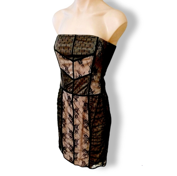 Strapless, black lace, knee length, corset dress with light beige/ tan under lay - Picture 4 of 8